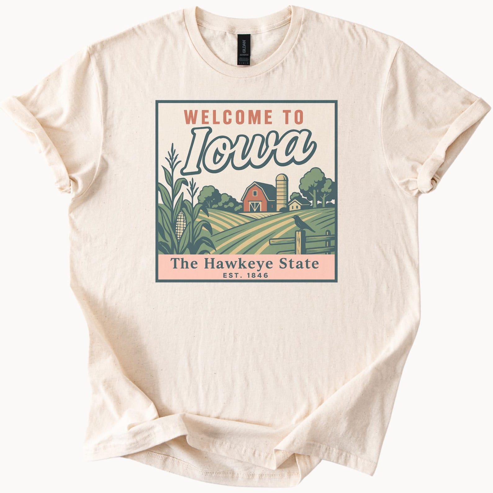 Iowa Graphic T Shirt Welcome to Iowa Hawkeye State Farm Scene Cornfield Barn Rural Midwest Country Road Souvenir Iowa Shirt Gift 1846 110