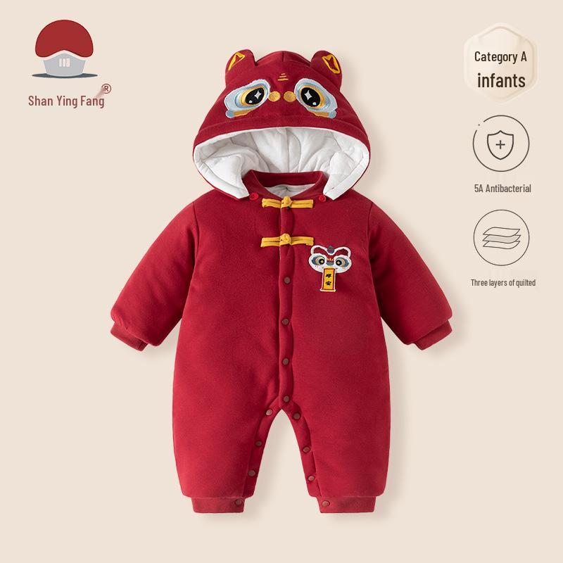 Neuer glücklicher roter Baby-Winteroverall - Dicke Baumwolle festliche Oberbekleidung für das Neue Jahr