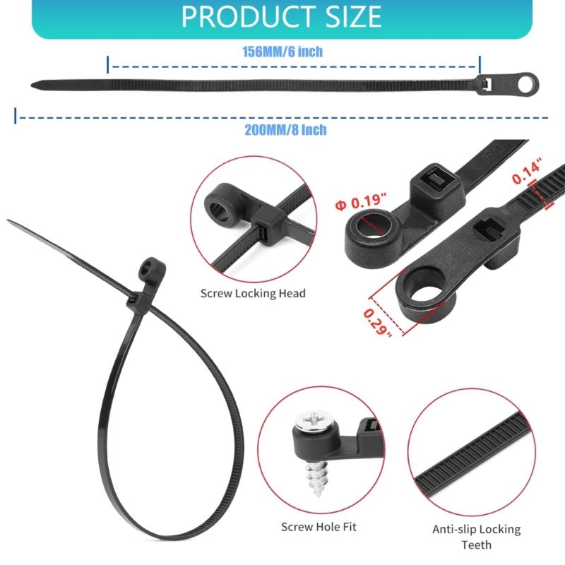 100PCS Automatic Locking Nylon Cable Tie Buckles 18kg Capacity Black White with Screw Mounts for Secure Cord Management