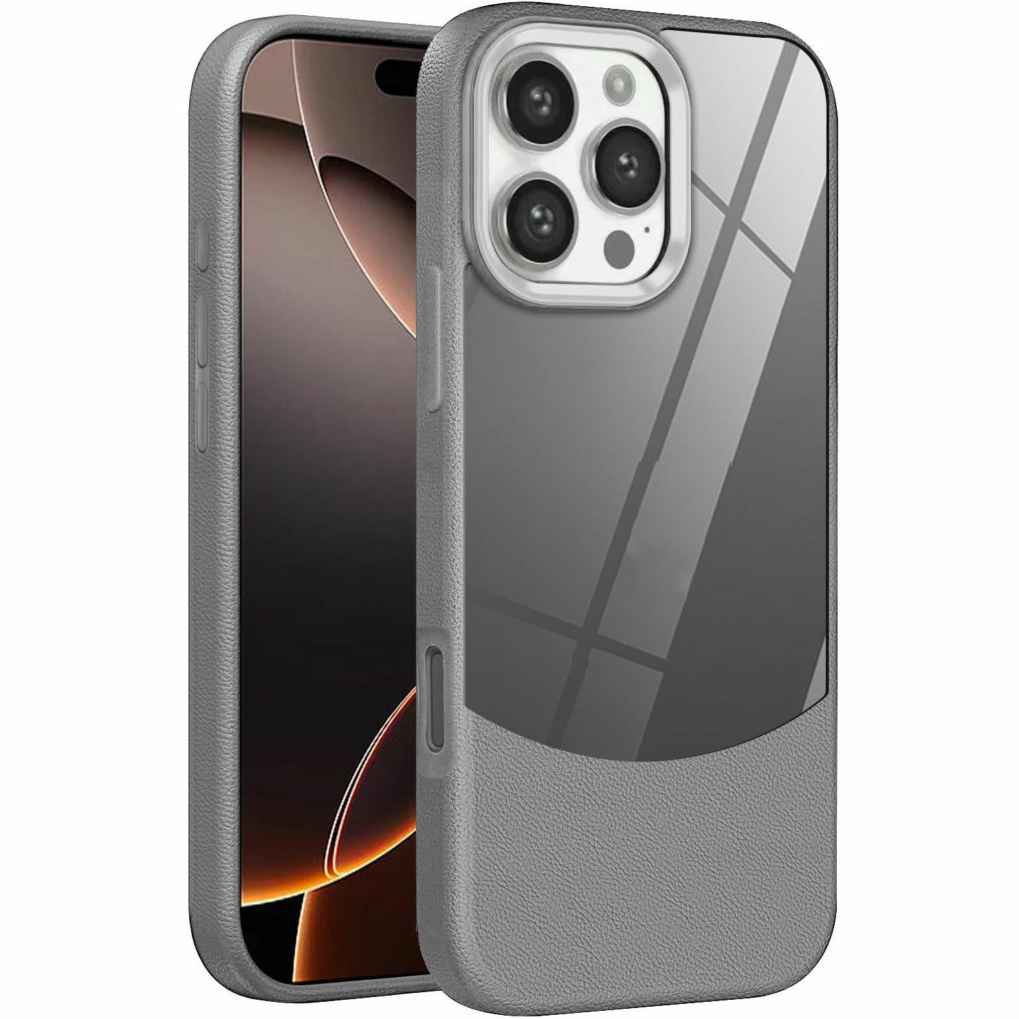 

For iPhone 16 Pro Case Litchi Texture TPU+Clear Acrylic Protective Phone Cover Grey