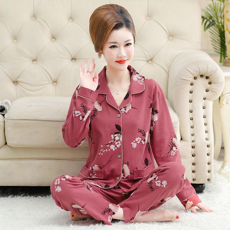 Middle-aged women's 100% pure cotton pajamas women's summer long-sleeved pajamas middle-aged and elderly mother loungewear thin suit