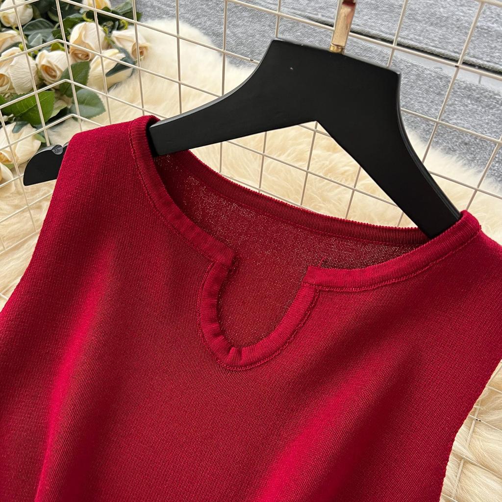 High-end Knitted Splicing Irregular Mesh Dress Women's Summer French Waist and Thin Temperament Sleeveless Long Dress