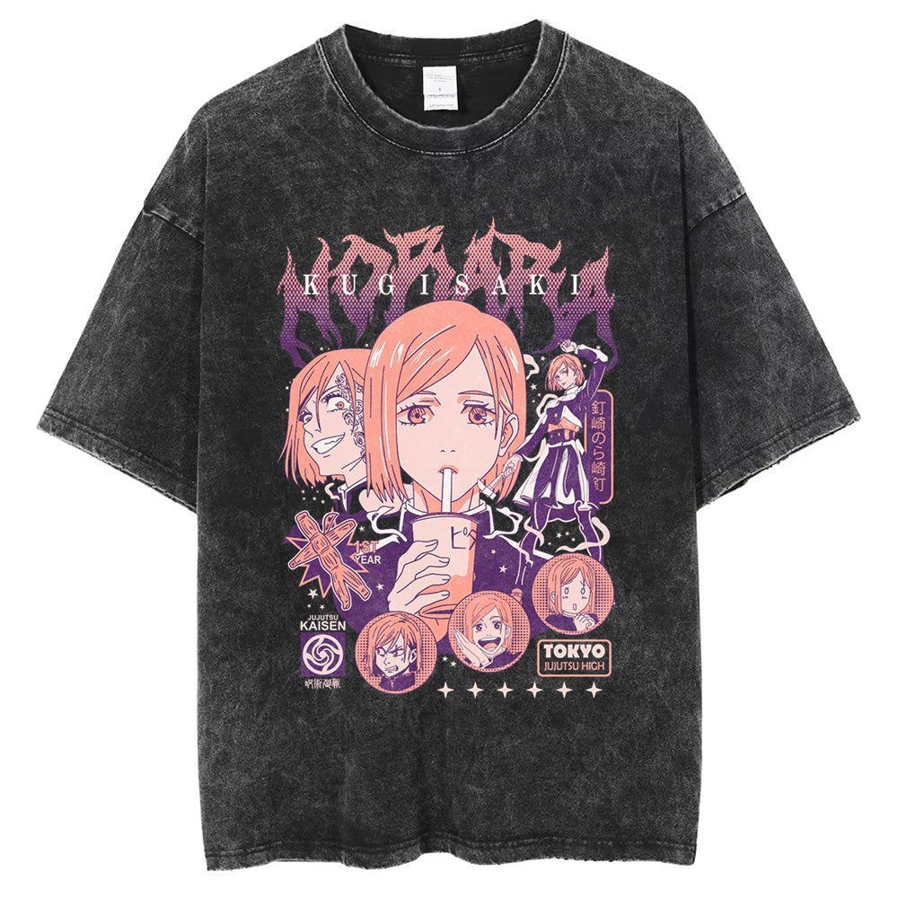 Vintage Gewaschenes Herren T-Shirt Anime Jujutsu kaisen Kurzärmelig Oversized Harajuku Herren Kleidung Tee Hip Hop Unisex Baumwolle Hohe Qualität Kurze Ärmel