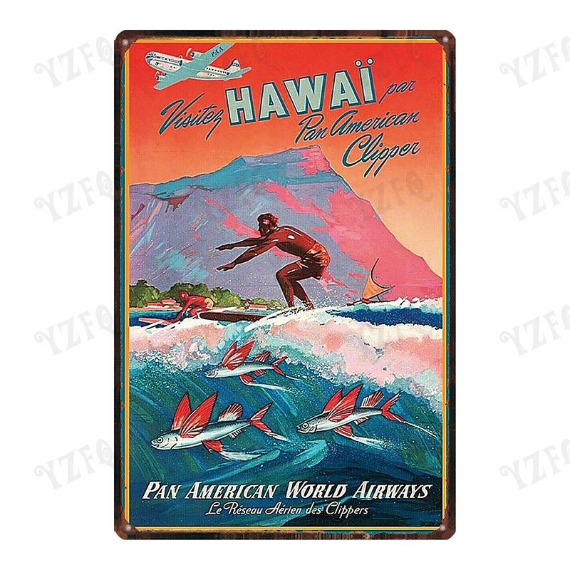 Vintage Hawaii City Painting with Hula Dancers  Metal Travel Tin Sign for Wall Decor In Pubs Cafes and Homes  Beach Metal Pla