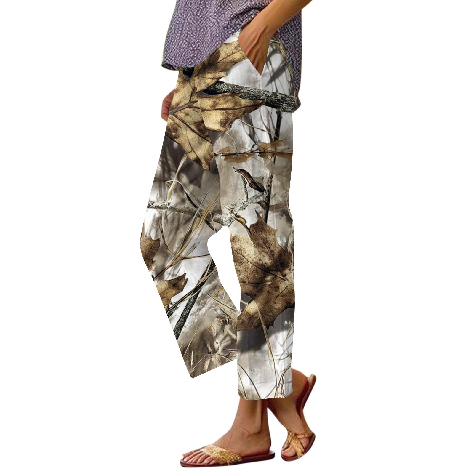Women s fashion printed pocket elastic waist casual pants L бронзовый