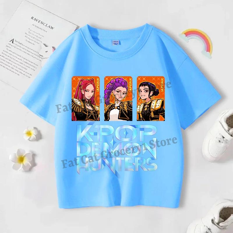 

Kpop Охотник на демонов Хлопковая футболка Руми Мира Зои Аниме Детская одежда для девочек и мальчиков Летняя футболка с коротким рукавом Детская модная футболка Топ Подарок 150