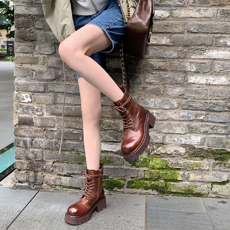 Krazing Pot Kuskinn Høst Vinter Sko Rund Tå Medium Hæler Snøring Motorsykkelstøvler Dame Ankelstøvletter