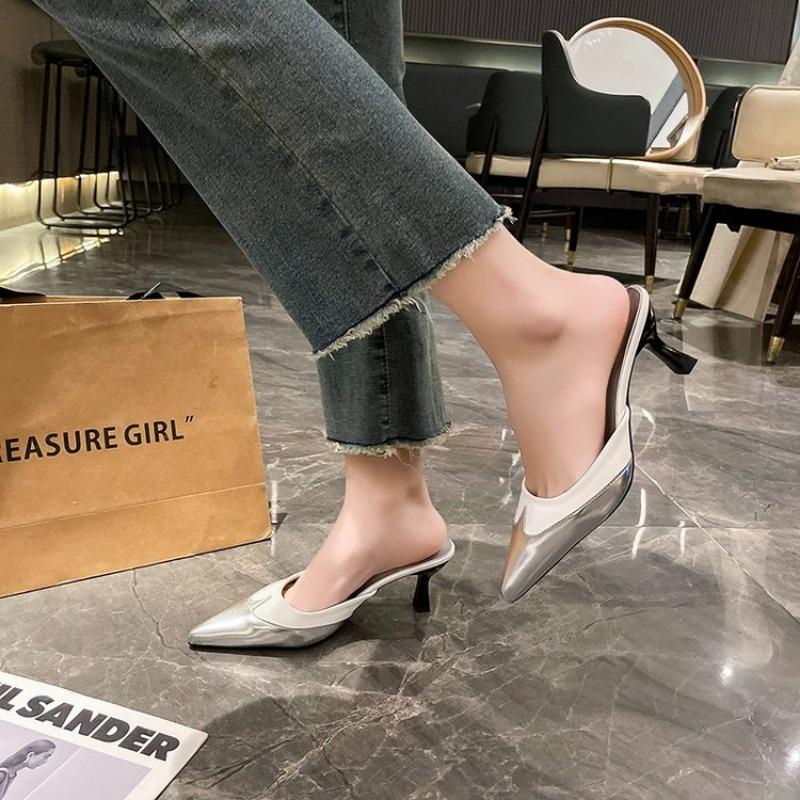 Fashion Elegant Pointed Stitched Heart-shaped High Heels Mule Slippers Women's 2025 Silver Black Brown Shoes Luxury Designer High Heels