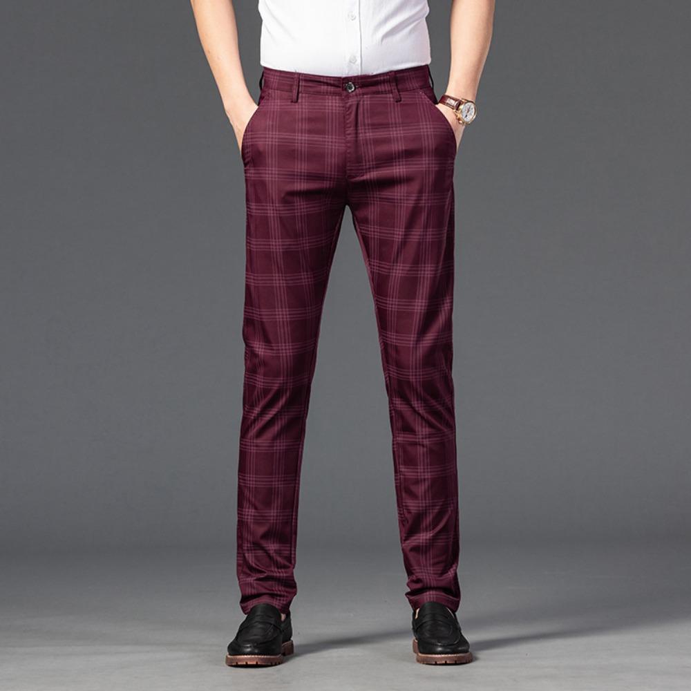 

2026 Summer Classic Simple Straight Casual Pants for Men Personalized Checkered Versatile Stretch Business Casual Slim Trousers 30 вино красного