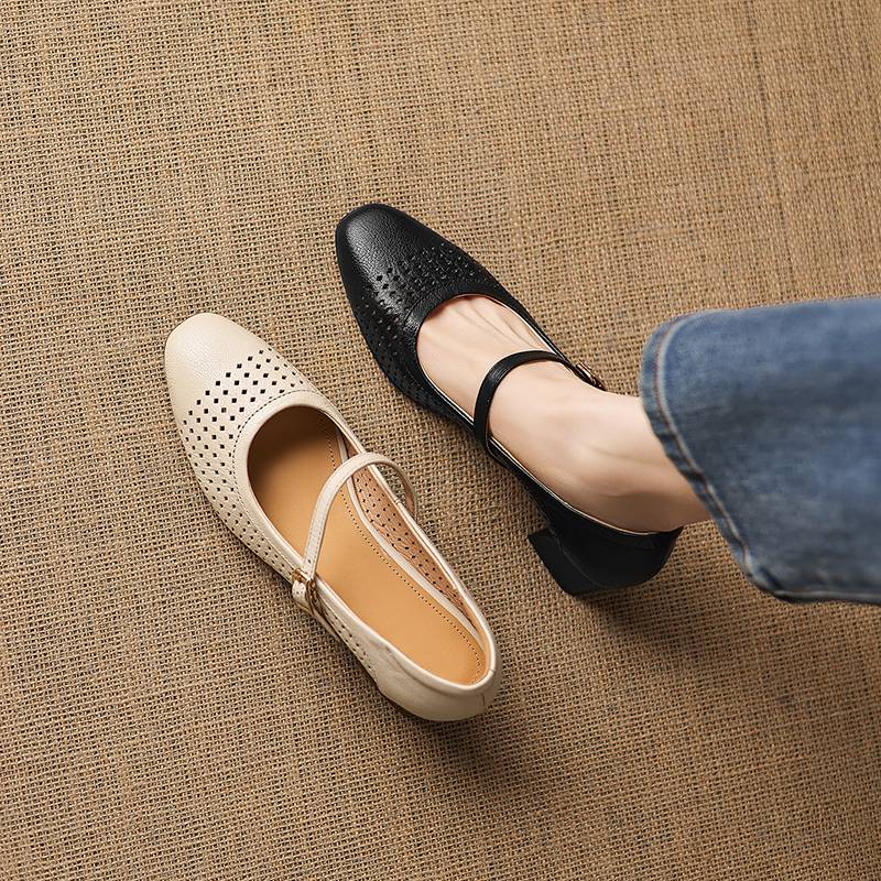 Krazing Pot Sheepskin Round Toe Thick Heels Summer Shoes Solid Big Size 42 Hollow Decoration Women Shallow Pumps