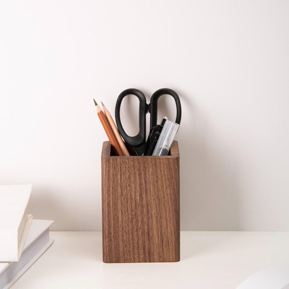 Simple Hickory Wood Pen Holder Desktop Storage Makeup Brush Organizer  Office/School Supplies