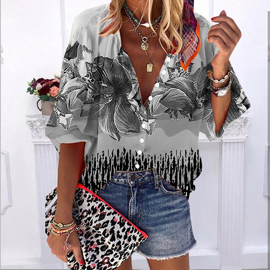 2023 sommer Herbst Neue Mode frauen Tops Schöne Weiße Lotus Blume. Bedrucktes, halblanges, lässiges Button-Down-Hemd in Übergröße mit Ballonärmeln