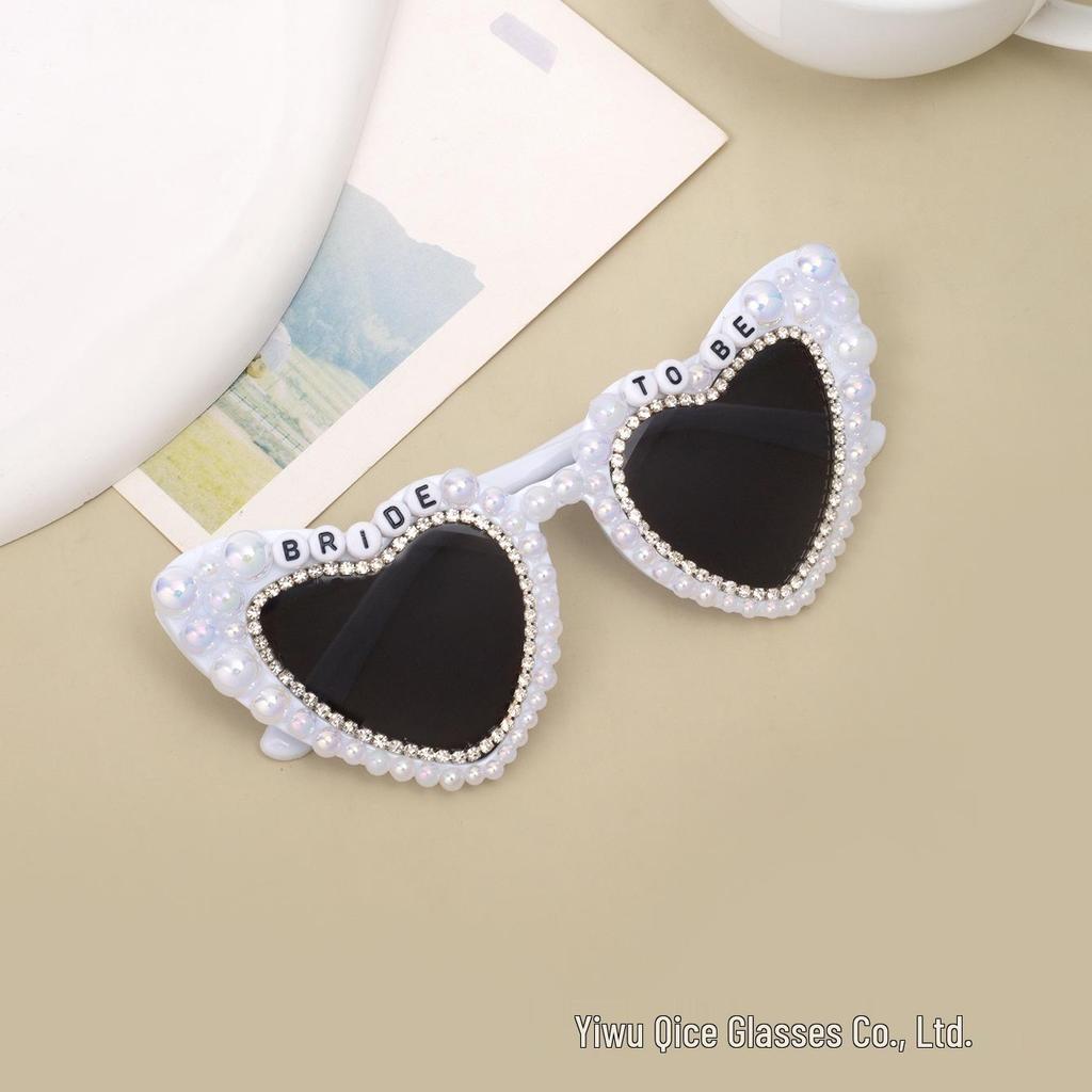 Heart-shaped Rhinestone Wedding Sunglasses for Bride - Pearl Bridal Party Glasses (White)