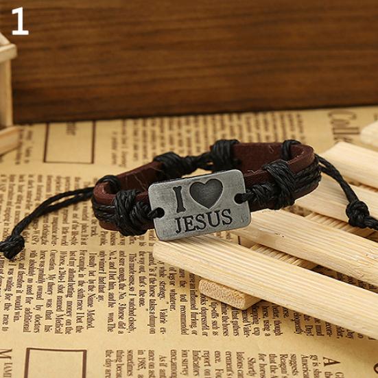 Vintage Unisex Faux Leather Bracelet Alloy I Love Jesus Letters Decor Rope Bangle