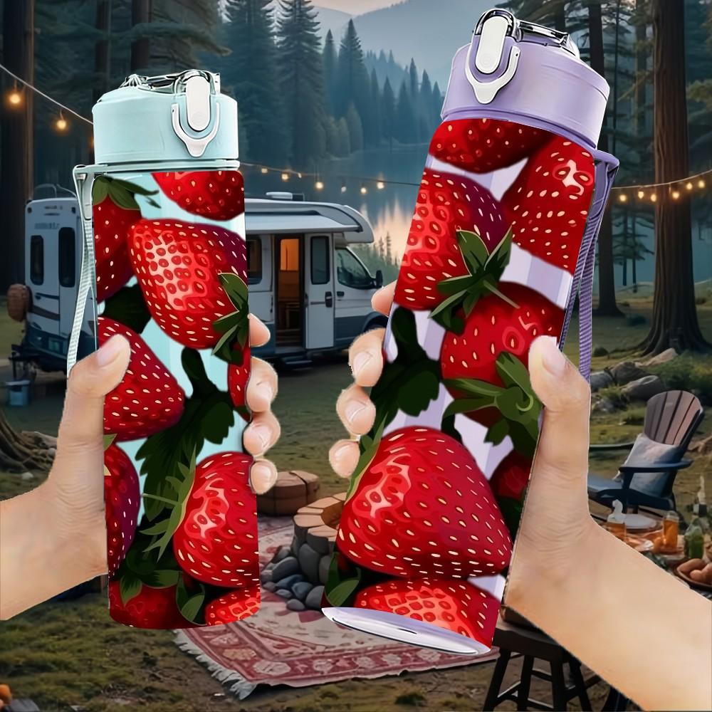 1PC Fresh Ripe Red Strawberry Fruit Print 750ml Color Plastic Sports Water Bottle Leakproof Flip Straw Lid Suitable for Sports Office Home Use