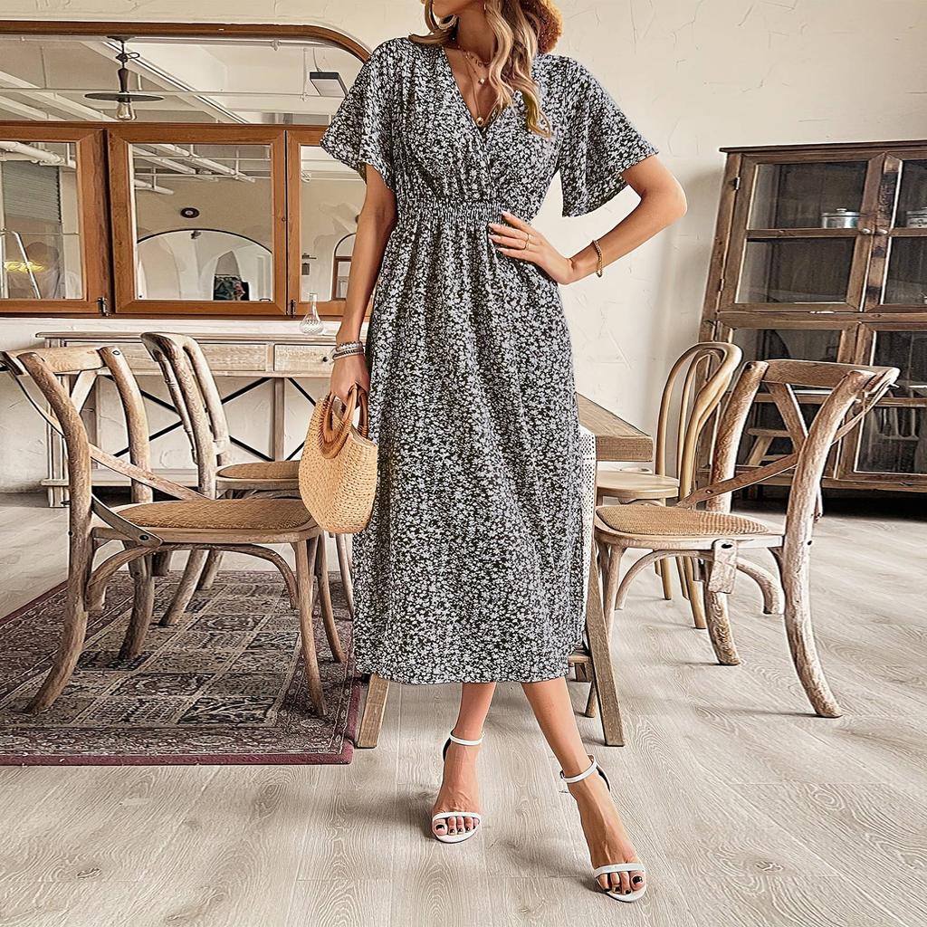 Women's V-neck High Waist A-line Floral Print Dress