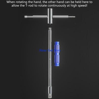 31GJ Multifunctional Rotating T Handle Tool 3 Interchangeable Heads Sliding Power Rod Antislip Design Carbon Steel