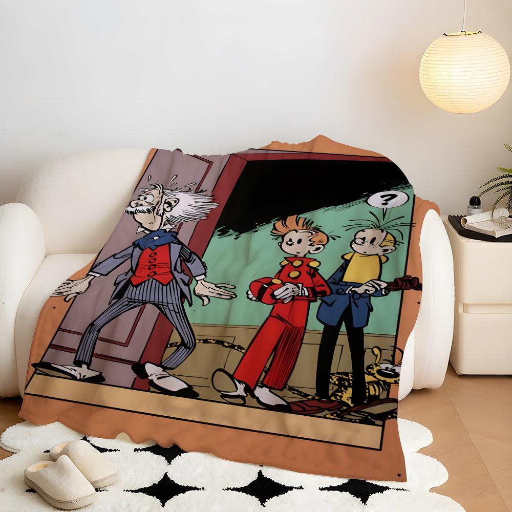 Cartoon S-Spirou en F-Fantasio Gooi Flanellen Plaid, Lichtgewicht Gezellig, Duurzaam Wasbaar schattig Cool
