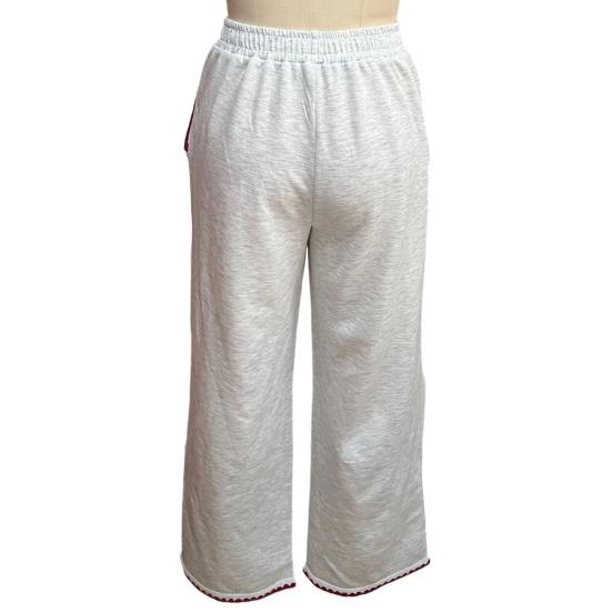 Women Pants Elastic High Waist Pure Color Long Trousers with Pockets Red Zigzag Embroidery Contrast Color Leisure Sport Pants