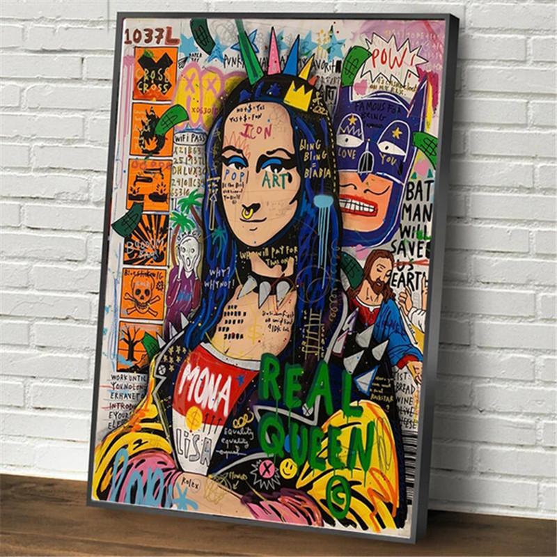 Graffiti Umělecká díla Postava Mony Lisy Malba na plátně Abstraktní Plakáty a tisky Street Wall Art Obrázky Cuadros Living Room Decor