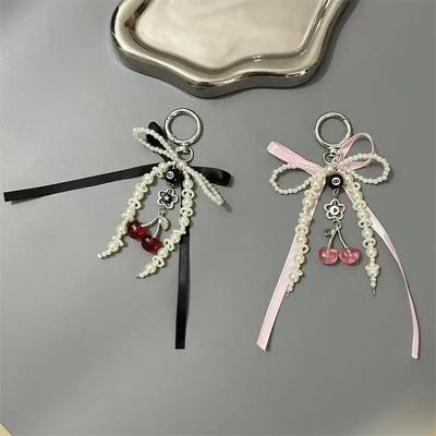 Sweet Cool Pearl Ribbon Bow Cherry Phone Chain Keychain Pendants Backpack Charm Fashion Trendy Women Bag Hanging Accessory Gifts