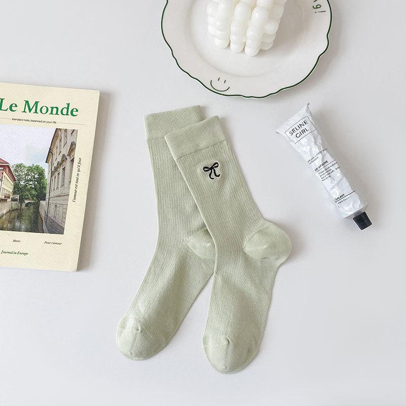 

Женские весенне-летние тонкие хлопковые носки с вышивкой, бантом, в балетном стиле, с вертикальной ажурной сеткой 1 pair зелёный