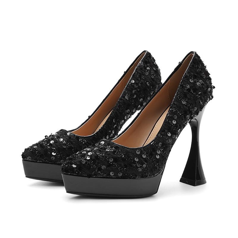 

Fashion High Heels Women s Sequins Shallow Mouth Waterproof Table Not Tired Feet High Heels Thin Heels Sexy Pointed Professional Pumps 40 чёрный