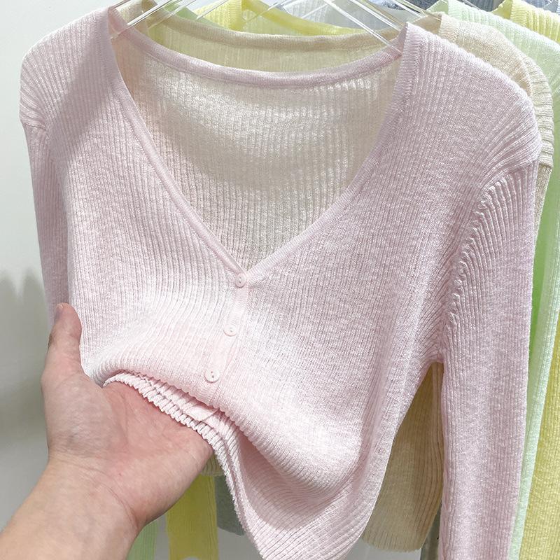 Women's V Neck Long Sleeve Slim Fit Knit Cardigan Single Breasted Short Knit Top