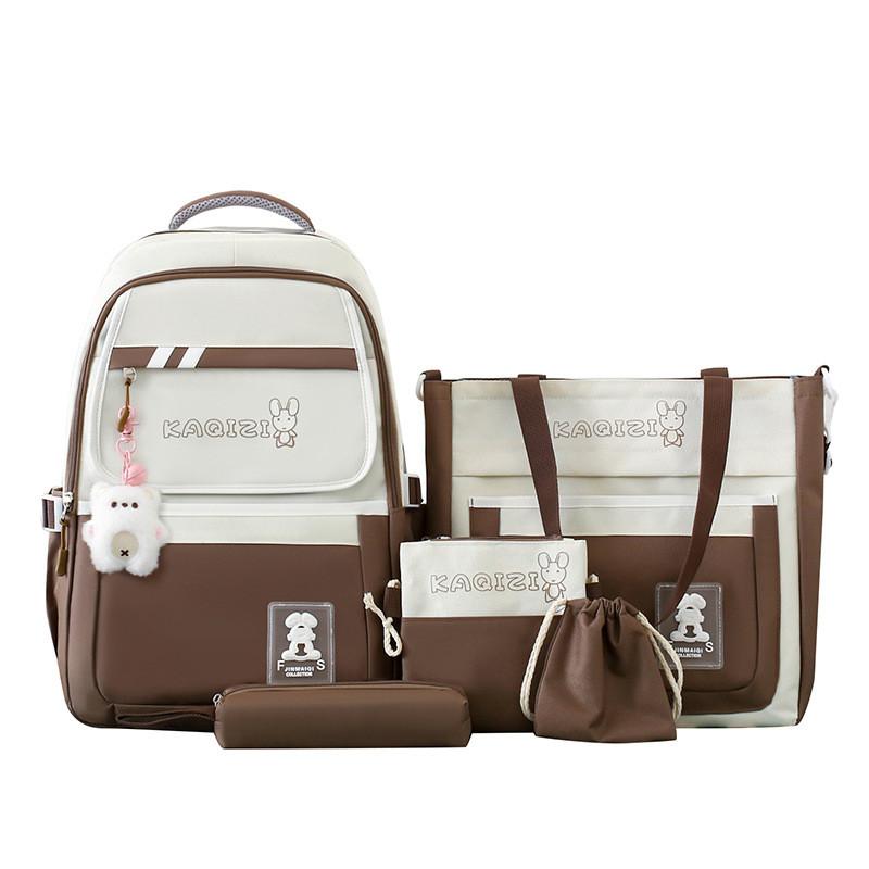 Canvas Casual Backpack Five Piece Set For Students With Rabbit Letter Pattern For School Use