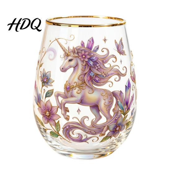 Hand-painted Glass Cup Hand Painted Tumbler Egg Shaped with Gold Rim Clear