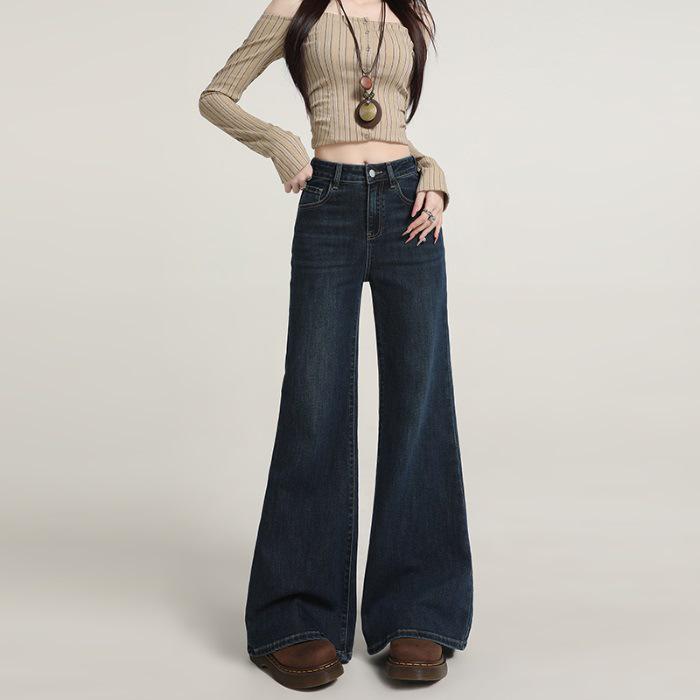 

Women s Petite High-Waisted Fleece-Lined Retro Micro-Flare Jeans for Autumn/Winter 2025 Dark Blue Long