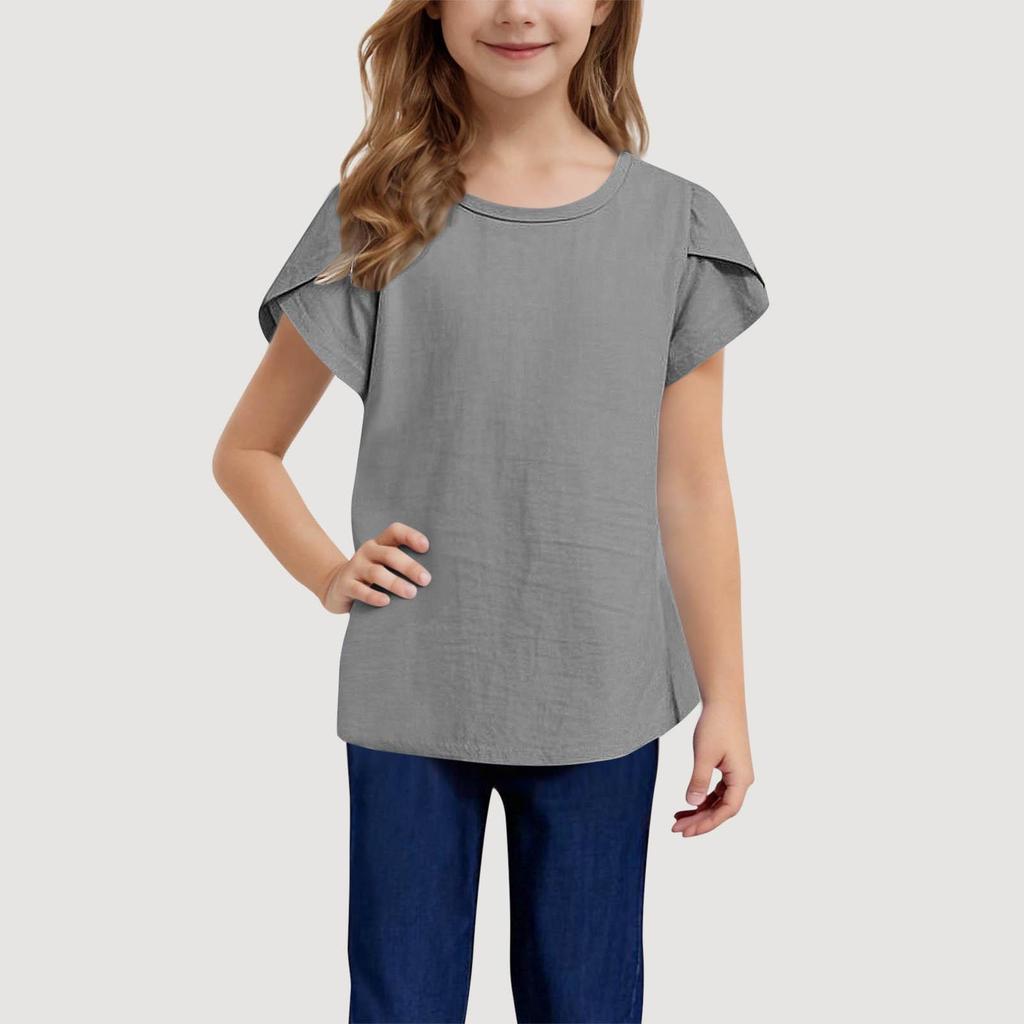 Girls' Cotton Linen Casual Short-Sleeve Top, Solid Color, Round Neck - 2025 Summer Collection