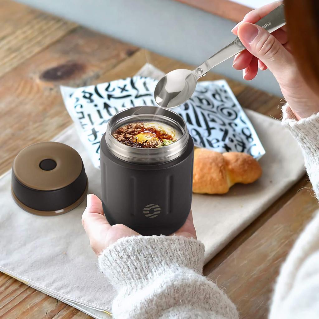 FEIJIAN Vacuum Insulated Soup Wide Keeps Soup Hot or Soup Lunch Bento Box with Spoon and Dedicated Perfect for Miso Club Brown Jar, 500ml, Mouth,