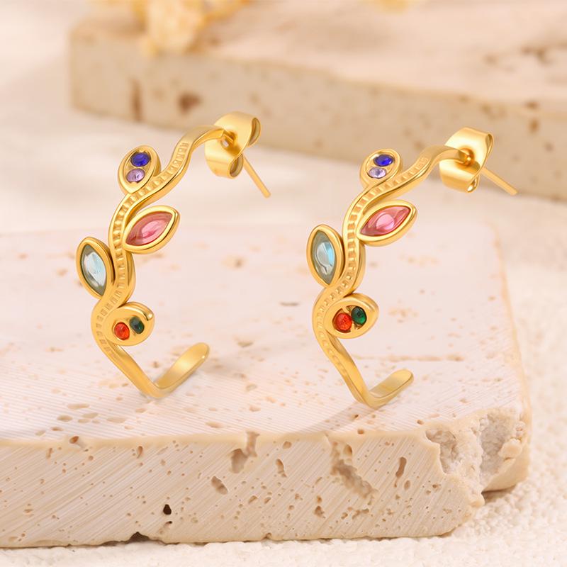 High-End Enamel & Diamond Stud Earrings: 18K Gold-Plated Titanium Steel with Vintage Style