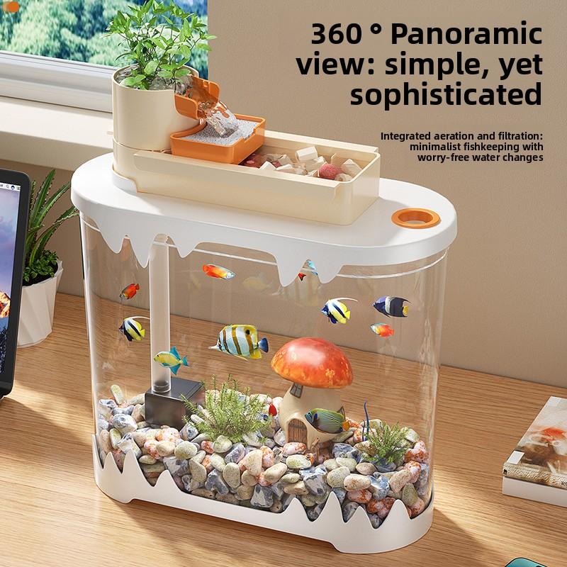 2026 New Fish Tank with Built-in Filter System Small Desktop Transparent Goldfish Bowl Complete Ecosystem Landscape for Beginner