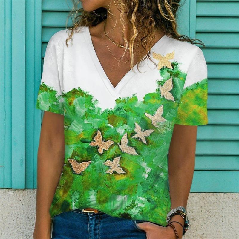 

Футболки с 3D-принтом «Цветочный одуванчик», женская повседневная мода, футболка с коротким рукавом и V-образным вырезом, футболки для девочек, топы Y2k, женская одежда 3XL