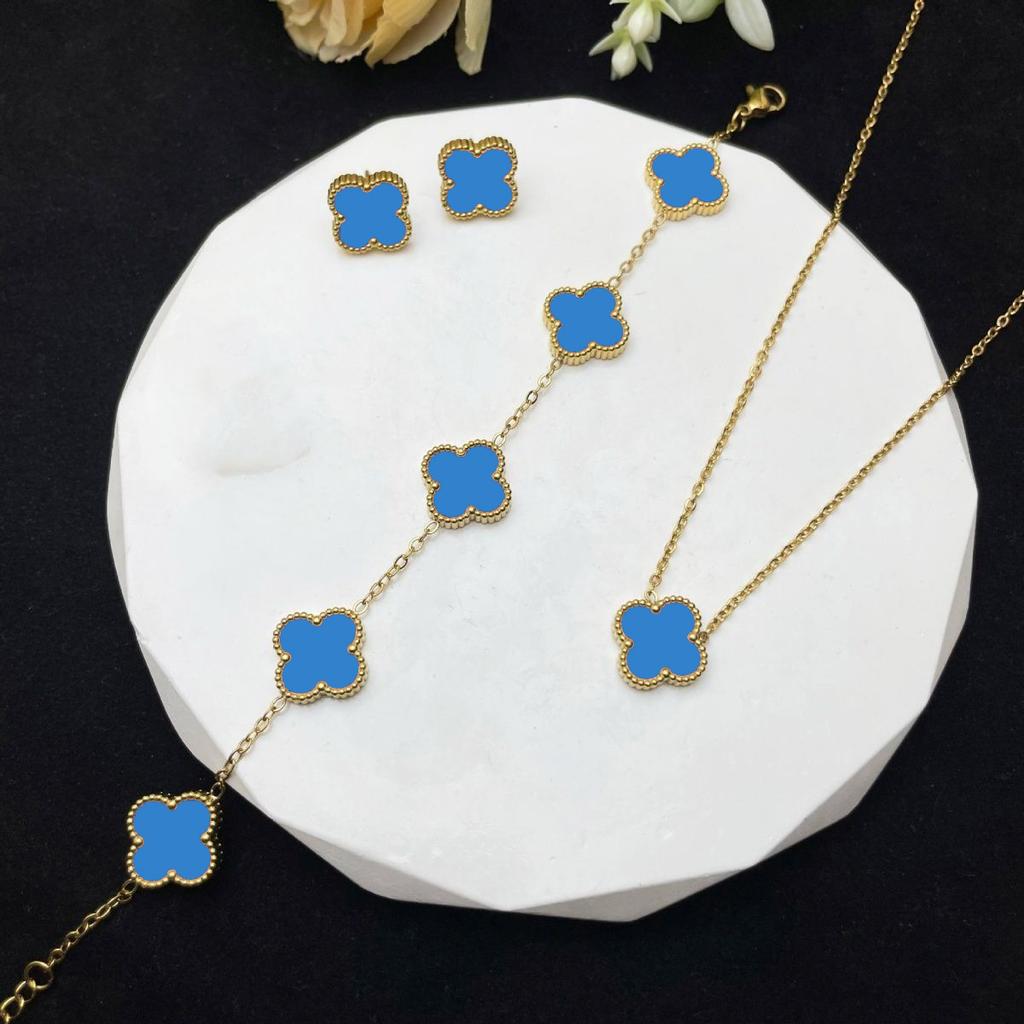 Set din trei piese colier, brățară și cercei trifoi cu patru foi de 13 mm, din oțel titan, set de bijuterii cu două fețe