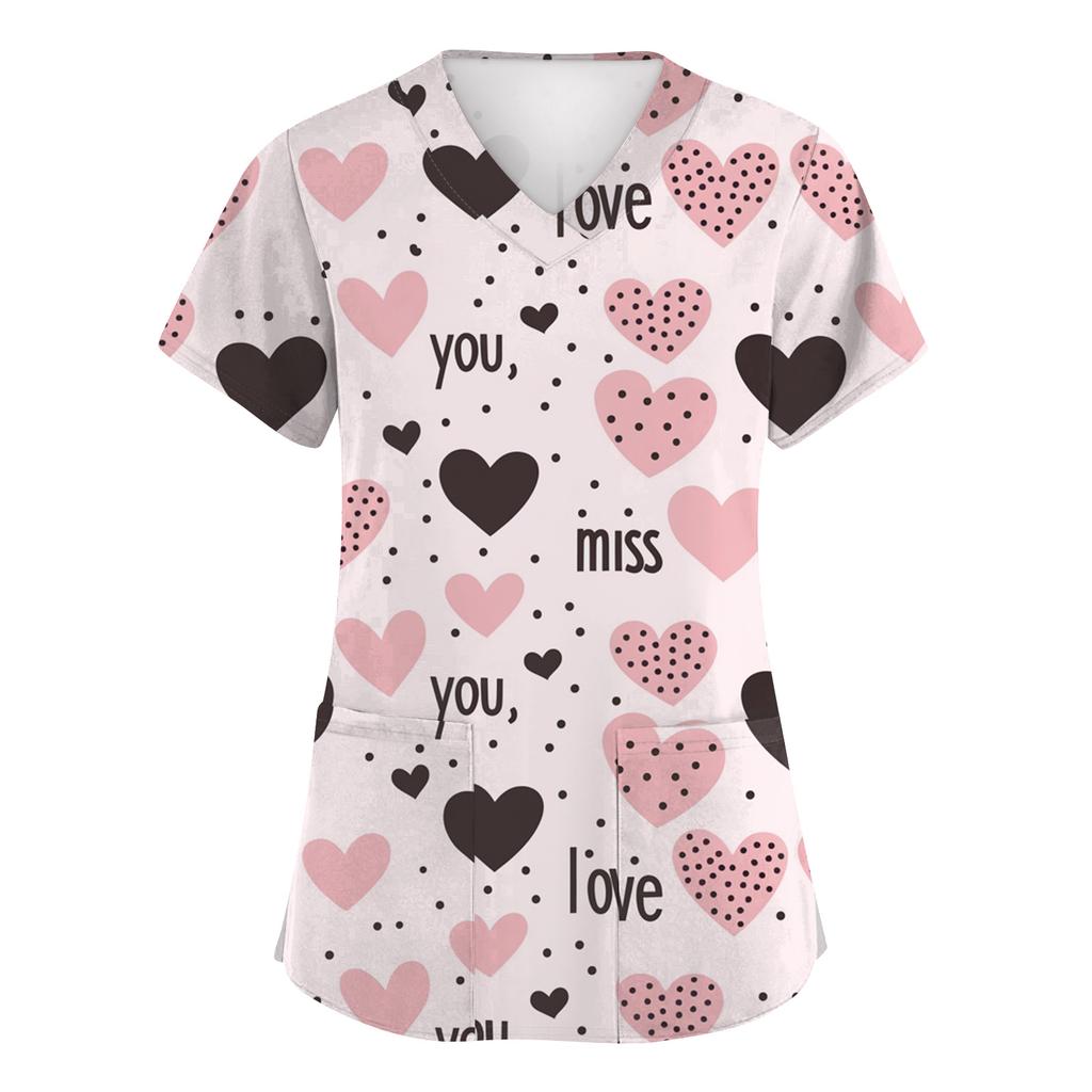 Damenmode Kurzarm Valentinstag-Print V-Ausschnitt Tasche Arbeitskleidung Top