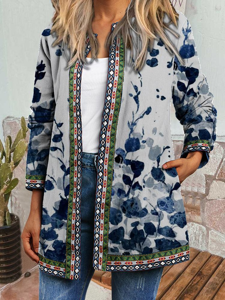Women's Crew Neck Long Sleeve Cardigan Oversized Vintage Ethnic Print Plus Size Open Front Jacket Casual Outerwear