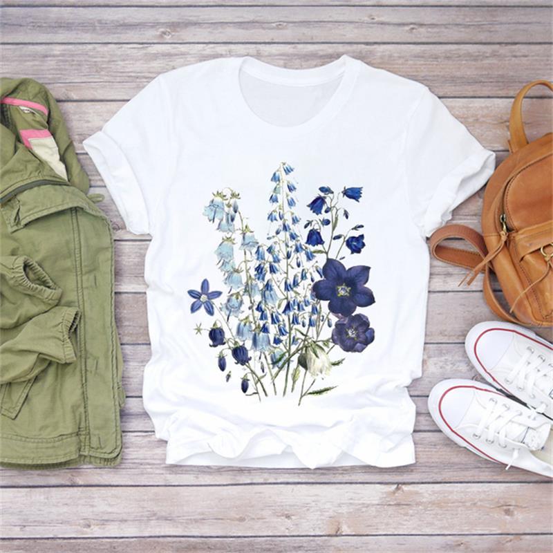 Casual Flower Graphics Women's T-Shirt 90S Summer Blouse Short Sleeves Tees Loose White O-Neck Shirts Female Tops Kpop Clothing