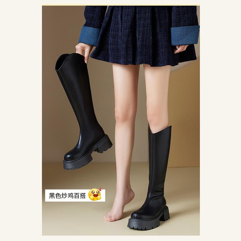 Long Boots Women's Autumn and Winter Small Man Round Head Retro Tall Knight Boots Thick Sole V Mouth Middle Heel Thick Heel Thin Boots