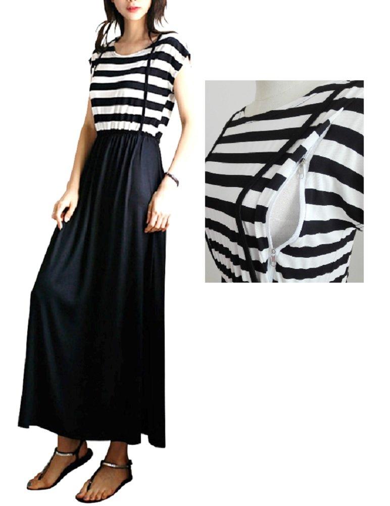 

Miwolna Maternity Short Nursing Size M Dress, Sleeve, Opening, Zipper, Spring/Summer, Striped, Black/White, Long, Maxi, чёрный