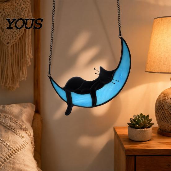 Decorative Hanging Ornament Acrylic Cat Pendant with Chain, Animal for Window Crescent Wall Decor, Cute Lover Gift Home Room Decoration Light