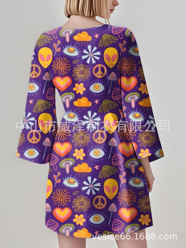 Retro 1970s Hippie Disco Print Women's Dress