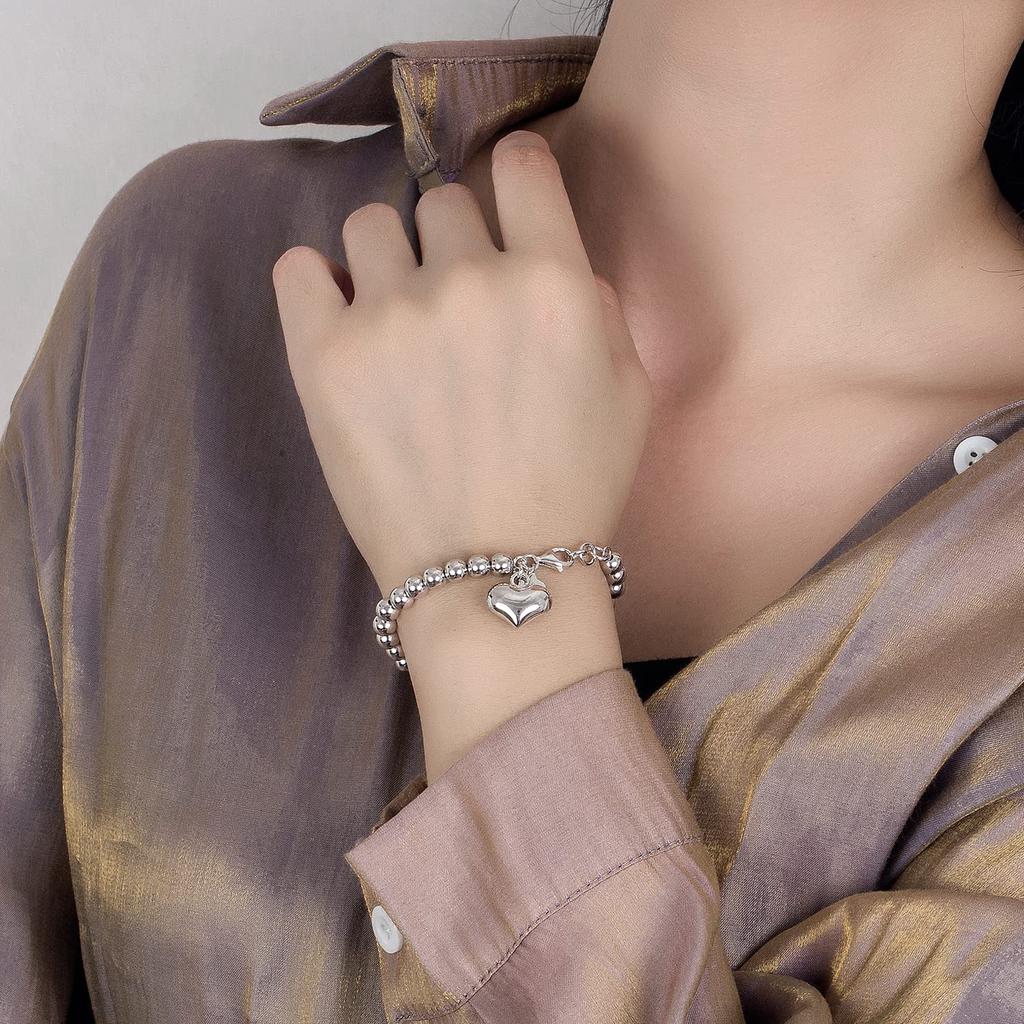 Fashion Women 925 Pure Silver Bangles Sterling Silver Round Beads Bracelet Minimalist Bell and Heart Pendant Prayer Beads Link Chain Bracelet for Men