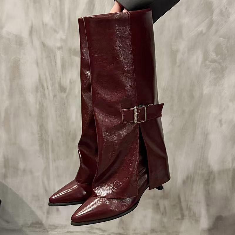 Stiletto High-heeled Pointed Red Boots Women, Retro Long Knight Boots, Women's 2025 New Winter Maillard Boots