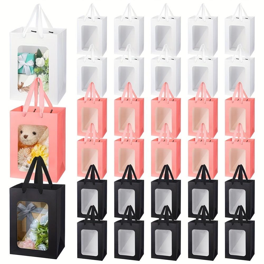 8pcs Gift Bags with Transparent Window Handles White/ Pink Gift Wrap Tote Bags for Birthday Party Favor Bags Weddings Present Festivals Party