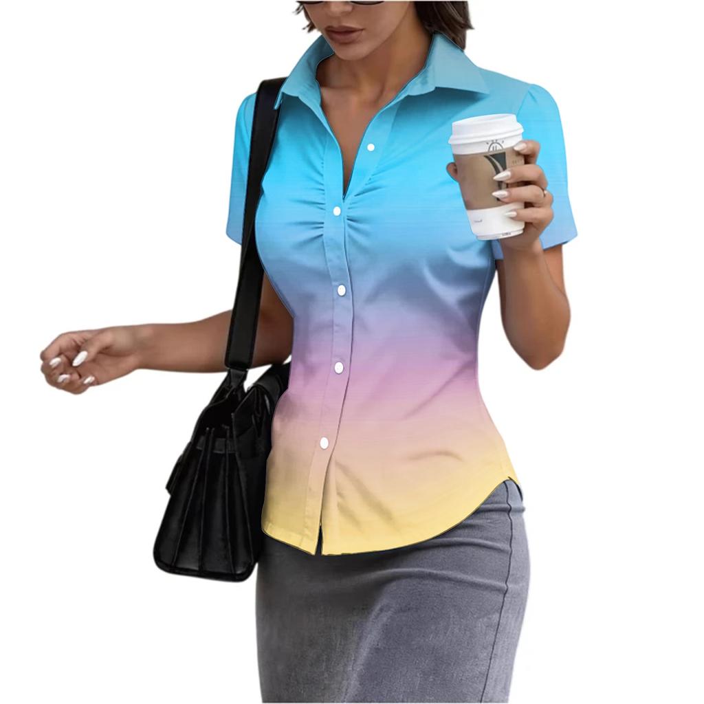 Women's Short Sleeve Button Down Shirt Slim Fit Collared Business Casual Office Blouse Tailored Top for Summer Workwear