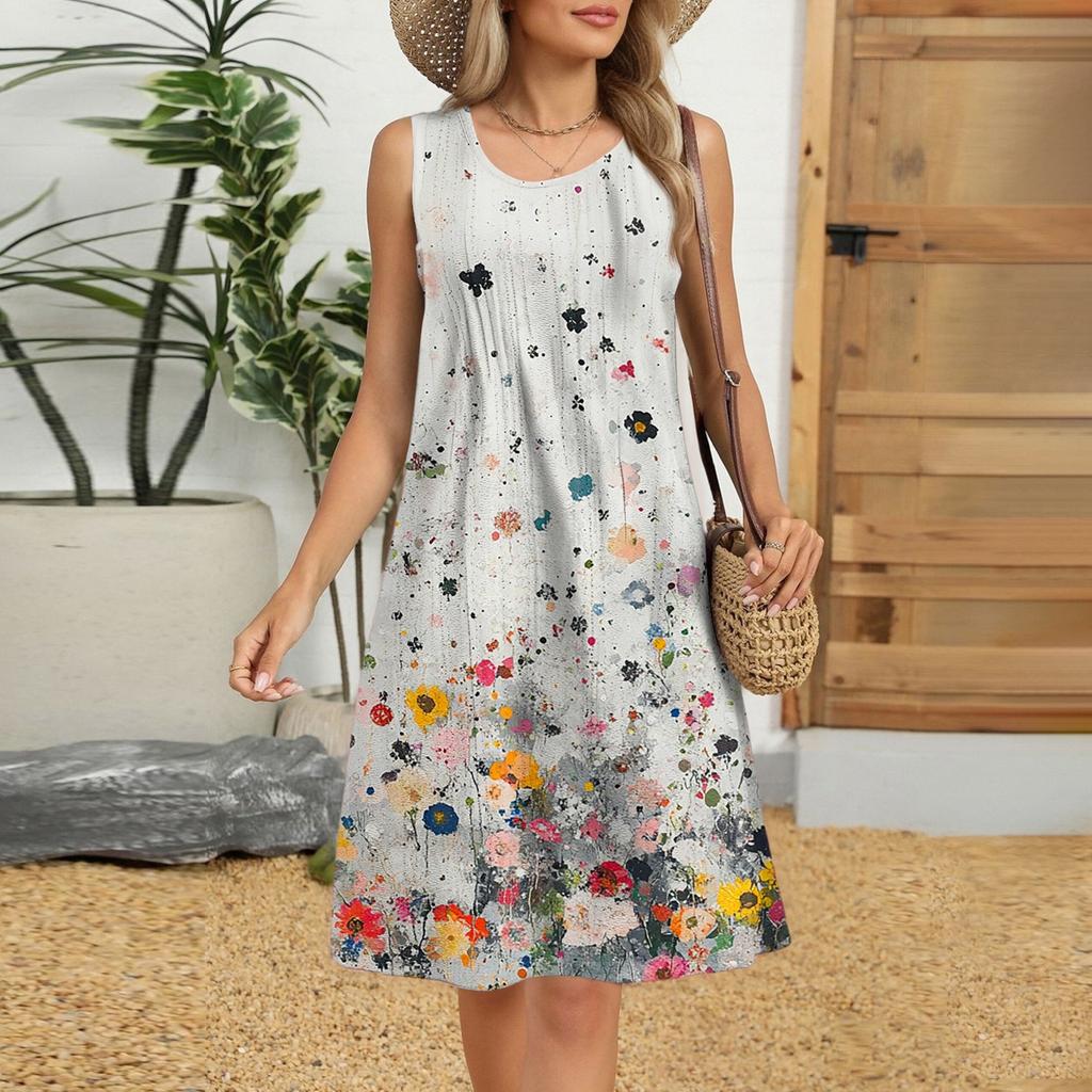 Women's Casual Fashion Breathable Flower Printed Vest Dress With Pockets
