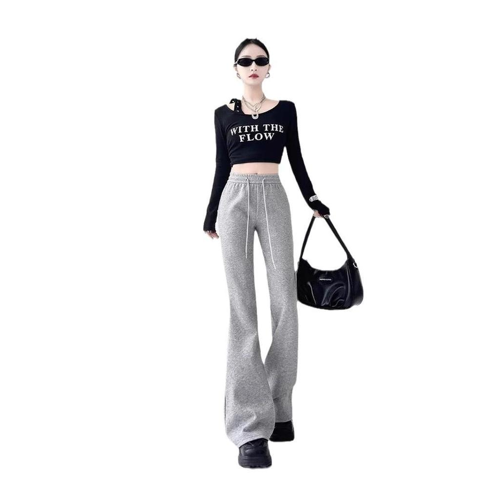 Petite High Waist Flare Sweatpants for Women - White/Grey, Slimming Horseshoe Design, Drawstring, American Style, Spring/Autumn.
